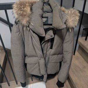 Mackage Tan Bomber Jacket with Fur Hood